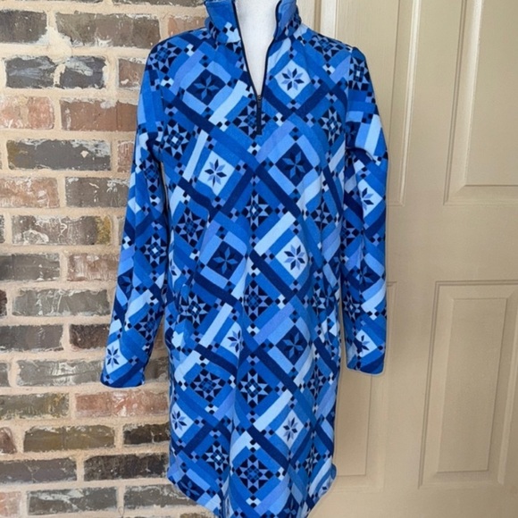 Lands End Blue Fleece Shift Dress Quilt Print 1/4 Zip Long Sleeve Pockets Sz S - Picture 1 of 11